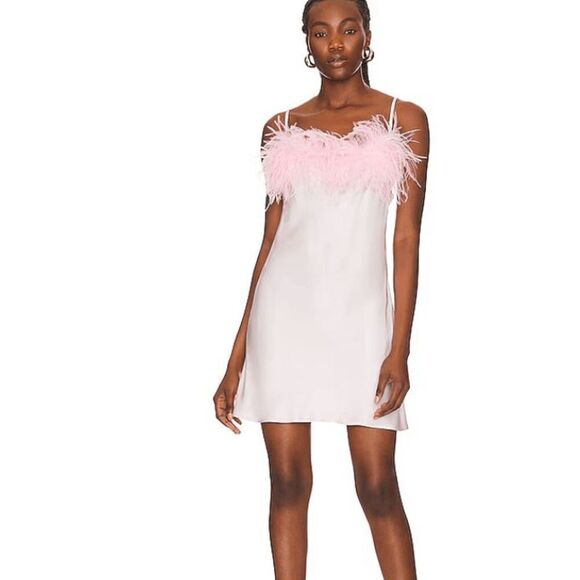 SLEEPER Boheme Mini Dress Pink Ostrich Feather and Satin Rayon Size Medium - Picture 1 of 10